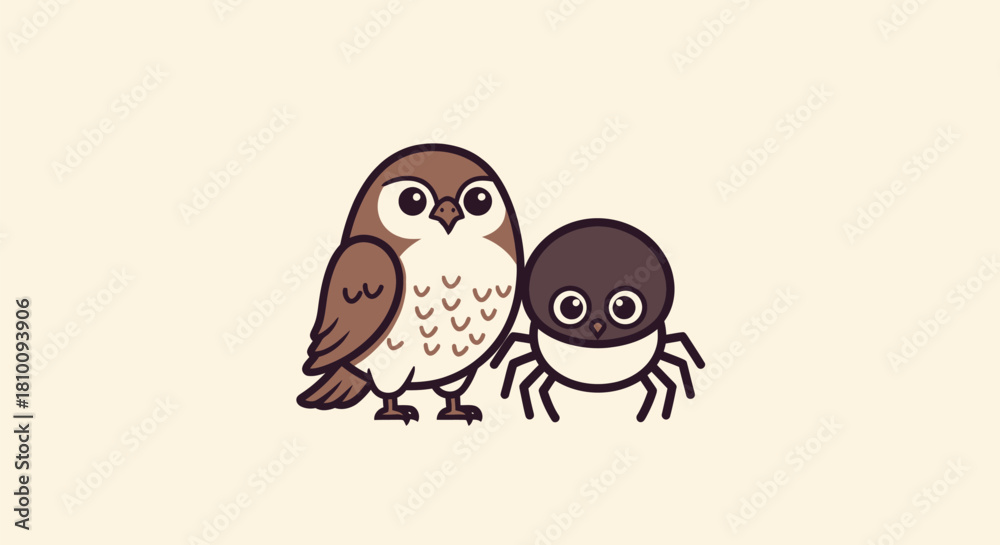 Obraz premium Cartoon owl and spider with big eyes, brown, and tan hues against a solid background