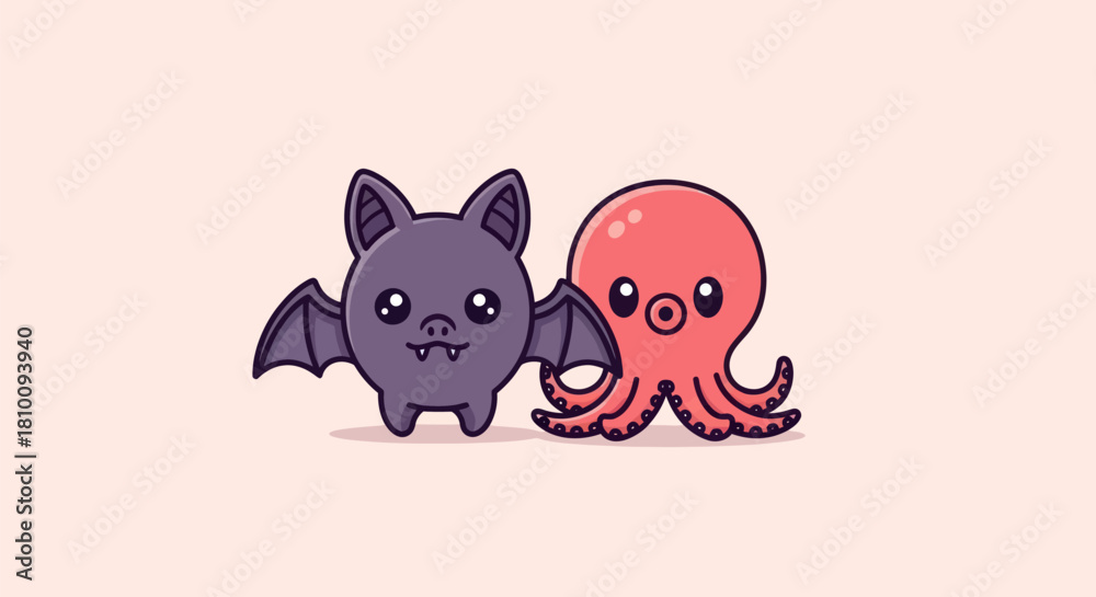Naklejka premium Adorable illustration featuring a cartoon bat and octopus side by side on a pink backdrop