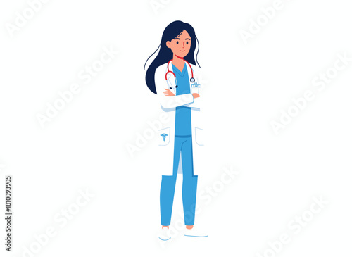 Portrait of a female doctor wearing a stethoscope and a white coat, smiling as a general practitioner with her hands crossed, depicted as a flat vector illustration on a white background