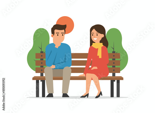 A romantic couple sits on a bench chatting, a cute enamored man and woman on an outdoor date, a young family spending time together, all illustrated as a flat vector cartoon on a white background