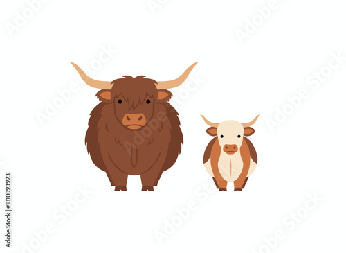 A pair of yak and cow, depicted as cute cartoon domestic cattle, stand together on a white background in a colorful hand‑drawn modern illustration