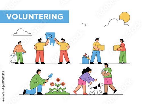 Illustration of a group of volunteers engaged in altruistic activities such as walking dogs, hanging banners, and watering plants, rendered in flat vector style