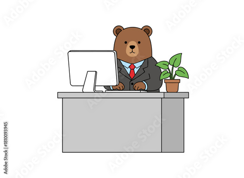 A business animal, an anthropomorphic bear, works at a computer desk as an executive manager, shown in a flat vector illustration on a white background
