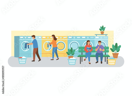 A modern industrial laundromat featuring automatic washing and drying machines, depicted in a colorful flat vector illustration, where people gather