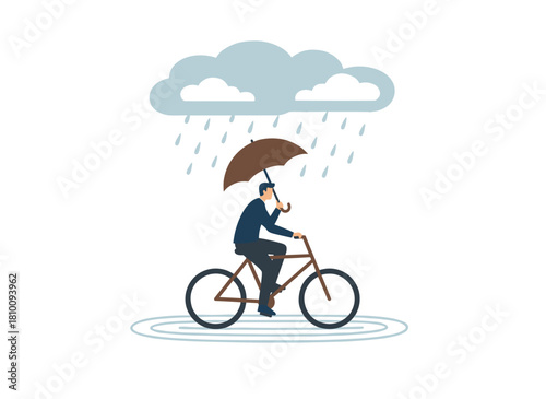 A businessman rides a bicycle under an umbrella in a flat vector illustration, portrayed as a cartoon man in a suit cycling over a puddle on an autumn rainy day, isolated on a white background