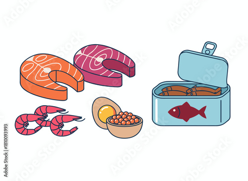 A healthy food assortment featuring seafood, fish, meat, and eggs, complemented by a grocery selection of caviar, salmon, codfish, mussels, shrimp, sprats, and steaks, depicted as a flat vector