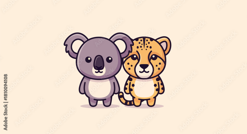 Fototapeta premium A cartoon koala and cheetah stand together, smiling, on a cream background