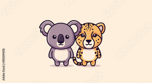 A cartoon koala and cheetah stand together, smiling, on a cream background