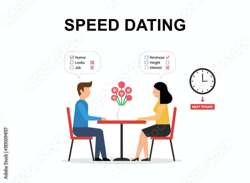 A young couple sits at a table, gazing at each other and conversing, with cartoon characters and checklists in their thought bubbles, depicting a speed dating event in flat vector style