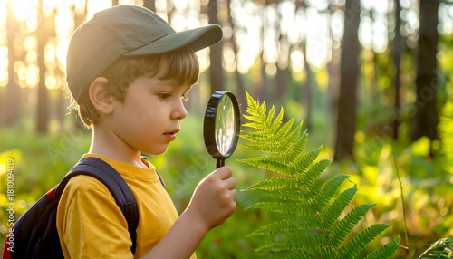 Junge mit Lupe in der Natur im Wald unterwegs