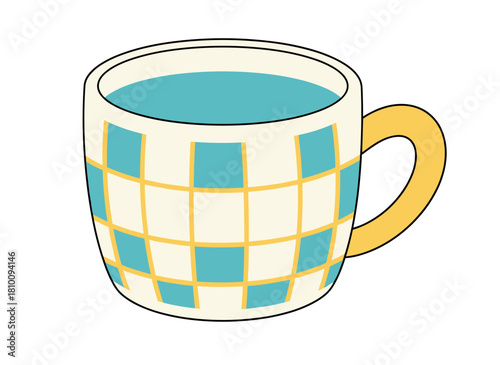 A modern tea mug featuring a chequered pattern, a ceramic coffee cup with an unusual handle, a cute teacup adorned with decor, stylish drink crockery rendered in doodle style, and a flat vector