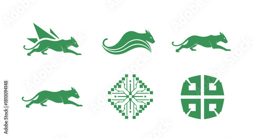 Six green emblems on white; running cats, digital circuit, and geometric shapes
