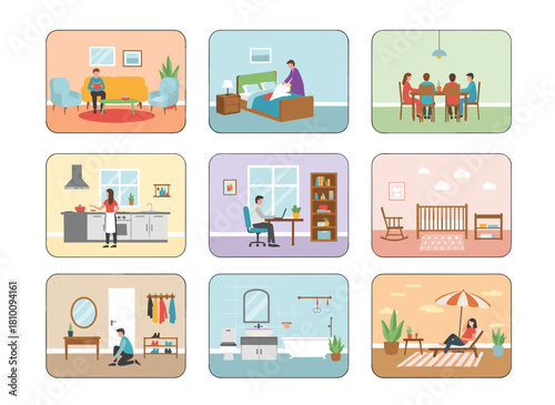 A collection of flea market stalls and rag fair vendors, featuring people selling vintage items, jewelry, and fashionable clothing, all set against a white background in a flat cartoon vector