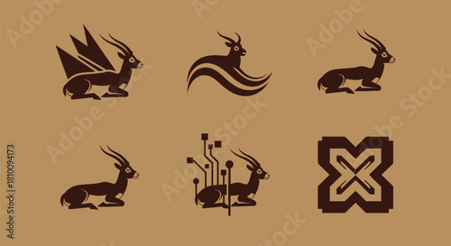 Six stylized illustrations of a gazelle, including one with wings and one with tech elements