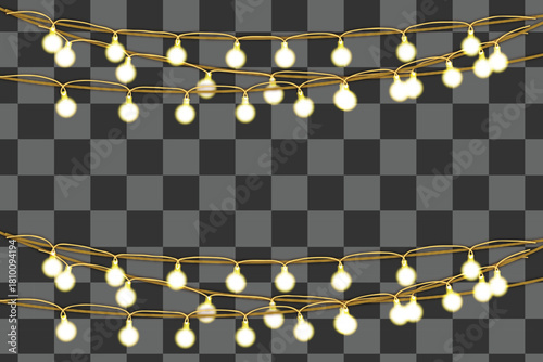 Transparent festive light with gold garland ribbon glowing string lamp led border decoration holiday card background party design transparent vector winter celebration banner happy year