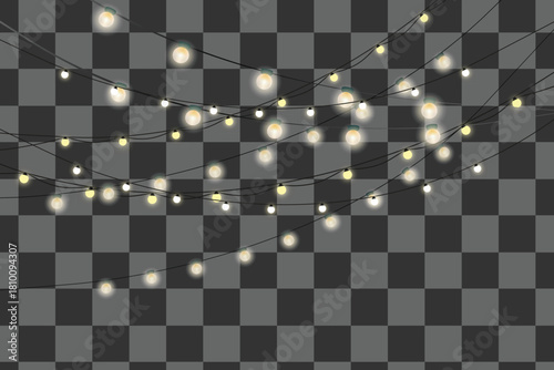 Premium festive banner with glowing garland gold ribbon light string lamp holiday background decorative border transparent vector winter celebration card party event new year design.