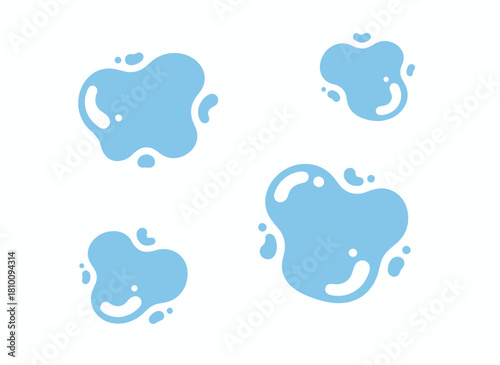 A collection of water droplets: pristine aqua blobs seen from above, fresh liquid droplets of varying sizes, wet splashes, fluid moisture elements, depicted as a flat vector illustration on a white