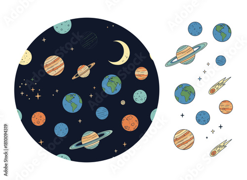A continuous pattern featuring black‑backed, monochrome planets and other celestial objects, hand‑drawn in dotwork style, designed as a vector illustration for wrapping paper and fabric prints