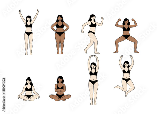 Illustrations of women in lingerie, featuring diverse body shapes from curvy to slim, posed in bras, panties, and bikinis, rendered as flat, contoured vectors on a white background