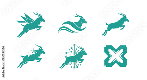 Six stylized teal antelope logos in a jumping pose on a white background, including digital and geometric variations
