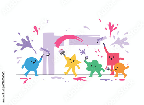 Painters, artists, workers, and decorators use paint, brushes, rollers, and spray to create wall paintings, decorations, graffiti, and murals, while flat graphic vector illustrations are isolated on