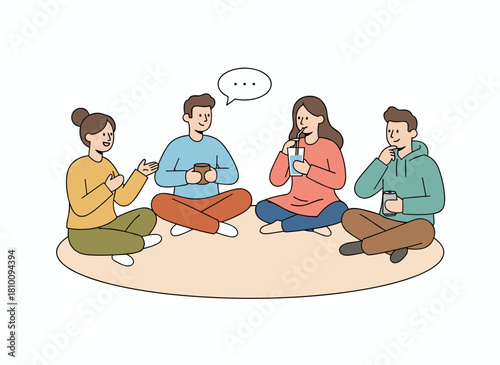 A flat vector illustration depicts friends relaxing indoors, young people playing a game with sticker notes on their foreheads, while boys and girls sip wine—a pleasant pastime and entertainment idea