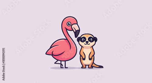 A pink flamingo and a meerkat stand together, in a cartoon style, on a lilac background