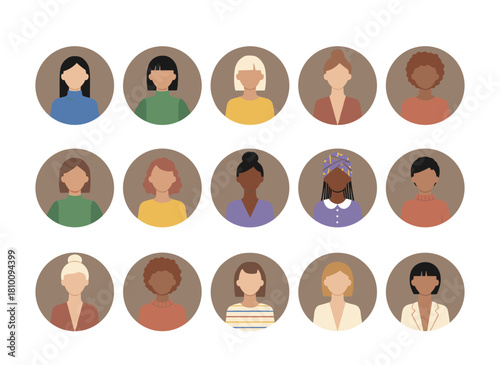 A collection of avatar illustrations featuring curly-haired young women, each portrait encircled, showcasing fashionable hairstyles such as curls, waves, and frizzy hair, rendered as flat vector