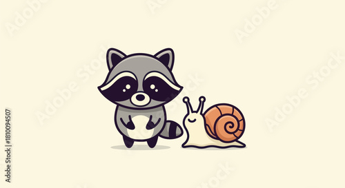 A cartoon raccoon and a snail stand side-by-side, on a cream background
