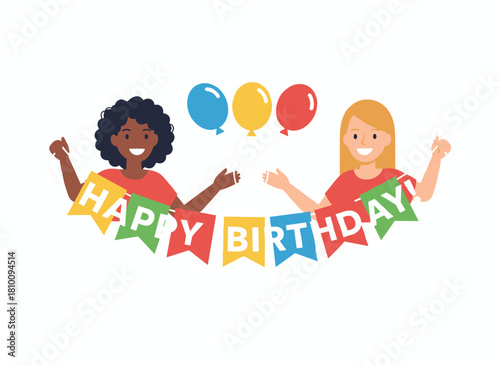 Joyful women celebrate a surprise birthday party with smiling girls, festive banners, balloons, and cheerful female characters in a flat vector illustration on a white background