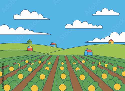 A vegetable kitchen garden with organic farm crops thriving, fresh ripe harvests and plantations set against a country landscape of farmland, showcasing rural field panoramas in a flat vector