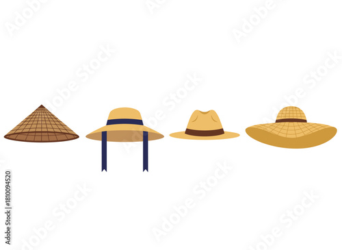A collection of straw hats, summer head accessories featuring brimmed headwear in country, farmer, beach, cowboy, Mexican, and Asian styles, including sun Panama and sombrero, presented as a flat