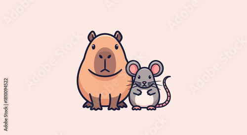 Cute cartoon illustration of a capybara and a mouse with a pastel pink background