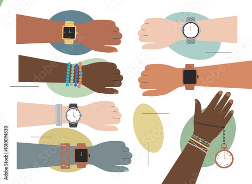 Watches are set on the hands; holding a wristwatch, checking the time, glancing at the wrist clock, and using a stopwatch