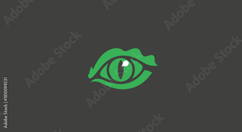 Stylized green reptilian eye on gray background, pupil with highlight