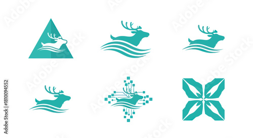 Six teal logos featuring a stag with antlers, often over waves, within geometric shapes