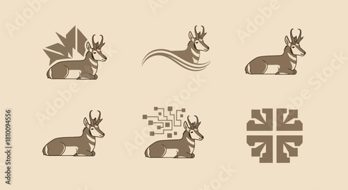 Vector illustrations of pronghorn antelope in various stylized poses with decorative elements