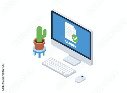 A desktop computer, a signed paper document, a lock and shield icon, illustrating electronic signatures, authenticity verification, and secure, modern technology in an isometric vector style