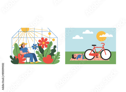 A solitary concept of being with nature: a content, relaxed woman in a greenhouse surrounded by plants, while a lone man rests or sleeps on the grass; leisure moments contrasting indoor and outdoor