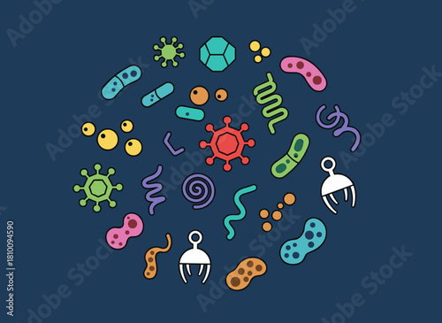 A colorful flat vector illustration of a collection of diverse microorganisms—including germs, pathogens, protozoa, bacteria, and viruses—displayed against a black background
