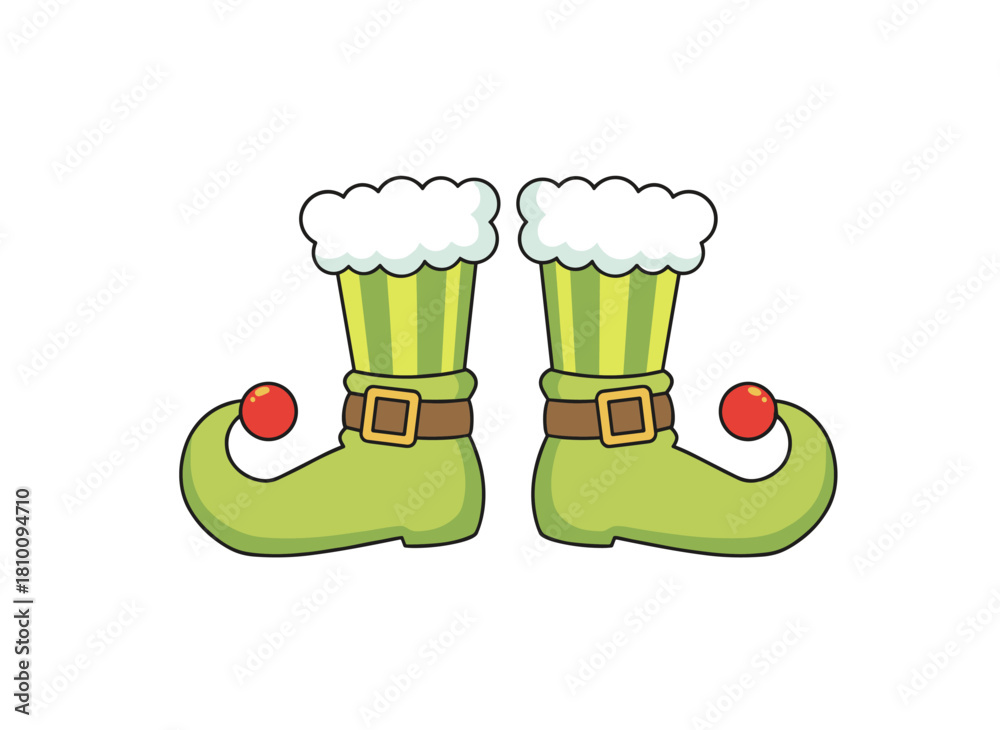Naklejka premium Flat vector illustration of Christmas elf legs, featuring a Santa helper cartoon character, a leprechaun, and a pixie in humorous boots with bulges and belts, all shown with elfin feet in striped