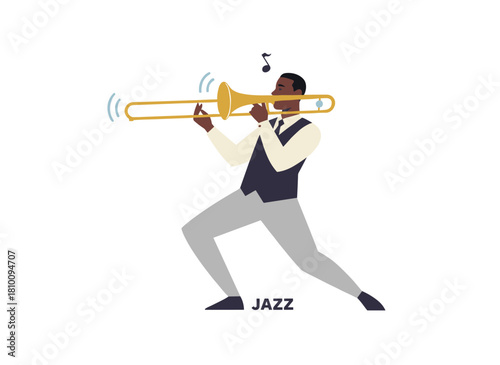 A black male musician soloing on a trombone, playing jazz and blues with a brass wind instrument, depicted in a flat vector illustration against a white background