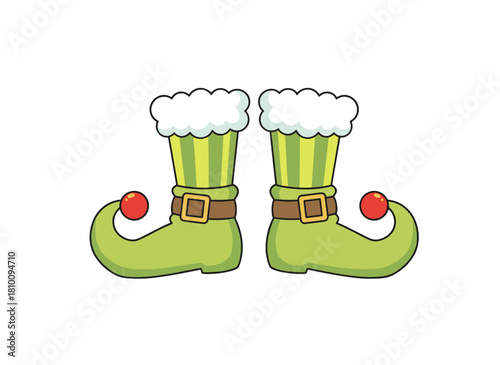Flat vector illustration of Christmas elf legs, featuring a Santa helper cartoon character, a leprechaun, and a pixie in humorous boots with bulges and belts, all shown with elfin feet in striped