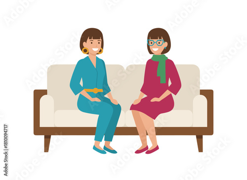 Two young women, smiling and elegantly dressed, sit on a classic sofa while cartoonish female characters embrace on a cozy couch, celebrating a friendly gathering in a colorful vector illustration