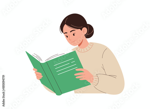 A female student, deeply focused, holds an open textbook while studying, depicted as a flat vector illustration on a white background, embodying education and knowledge