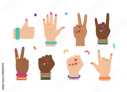 Illustrations of hands performing various grasping actions—grabbing, gripping, taking, with palms, fingers pointing, leaning, clenching, and holding—show a collection of arm gestures, rendered as