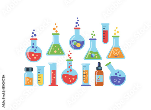 Set of laboratory equipment including chemical lab boxes, cases, science test tools, glass tubes, flasks, scientific appliances, sampling supplies, and flat graphic vector illustrations isolated on a