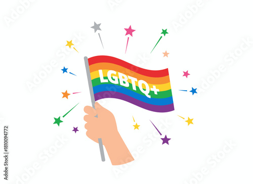 A hand holding a rainbow flag symbolizing support for homosexual, lesbian, and gay love, representing LGBTQ pride, the pride month, and queer celebrations, depicted as a flat vector illustration on a