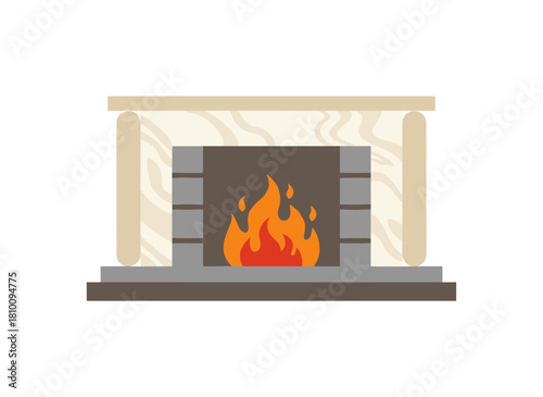 Illustration of a stone‑lit fireplace with a glowing blaze, cozy hearth, marble mantel, festive furnace, and home decor, rendered as a flat vector on a white background