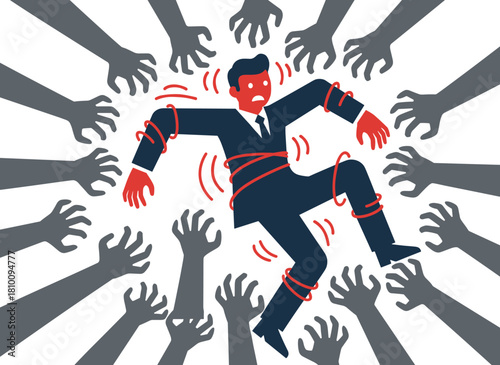 Illustration of a man battling fear, social influence, control, and manipulation, depicting his escape from addiction and dependence, rendered as a colored flat textured vector with hands creeping